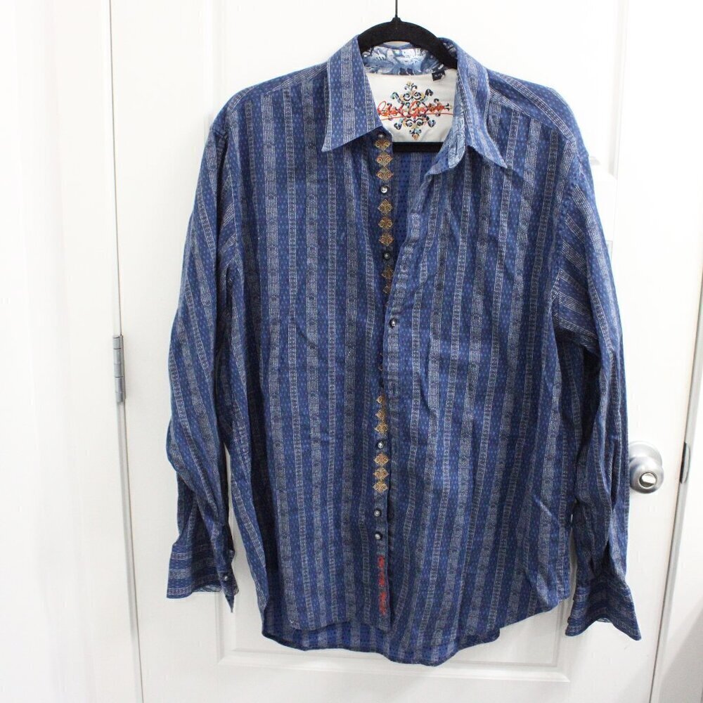 ROBERT GRAHAM Size XL Blue Stripe Flip Cuff/Collar Button Front‎ Shirt